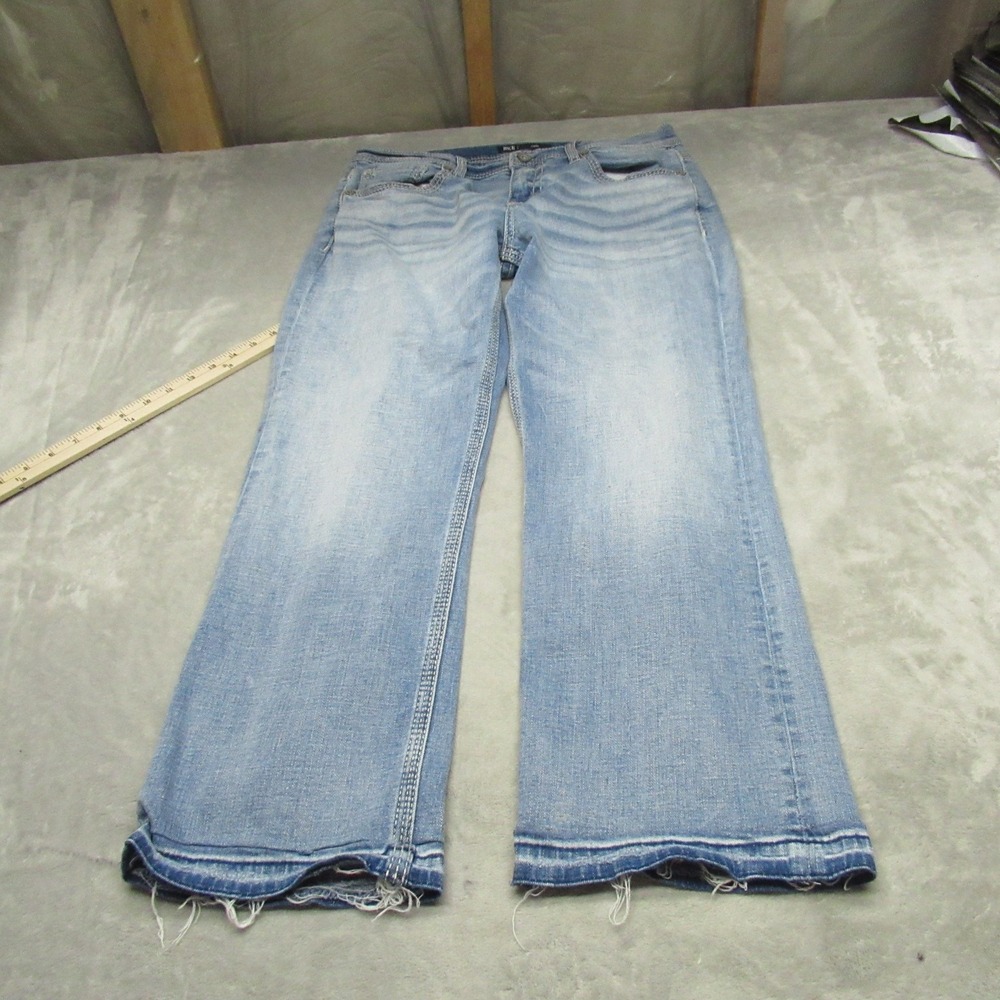 BKE Jake Jean Men 34 Light Wash Denim Bootcut Stretch Raw Hem Whisker Fade 33x29